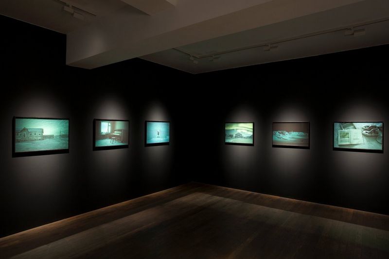 Fine art photographs mounted on the walls of a gallery.