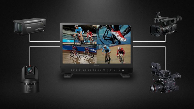 A monitor screen split into four, showing four feeds coming from different types of Canon video cameras.