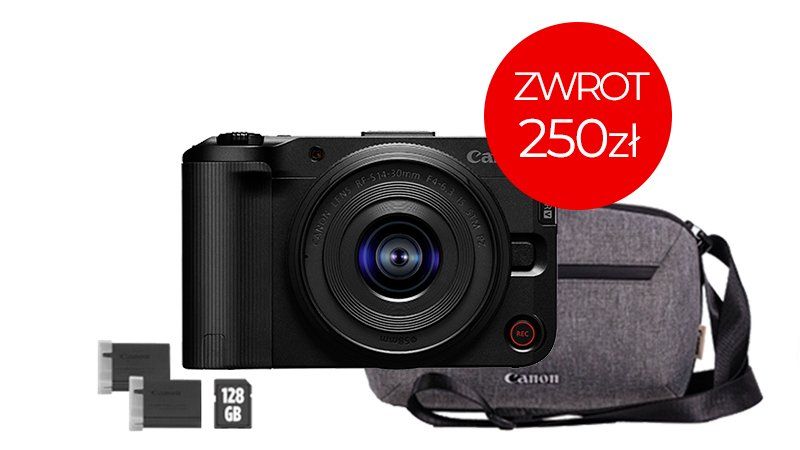 EOS R50V + RF-S14-30mm F4-6.3 IS STM PZ + plecak + zapasowy akumulator + SD