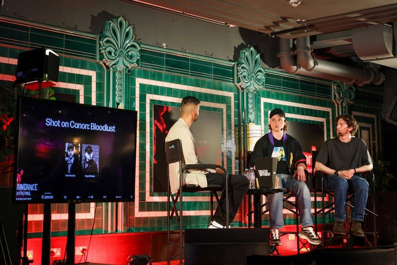 Australian writer-director-producer duo Rupert Evans and Matt Michalik sit on a panel with Aron Randhawa from Canon Europe at the 2026 Raindance Film Festival