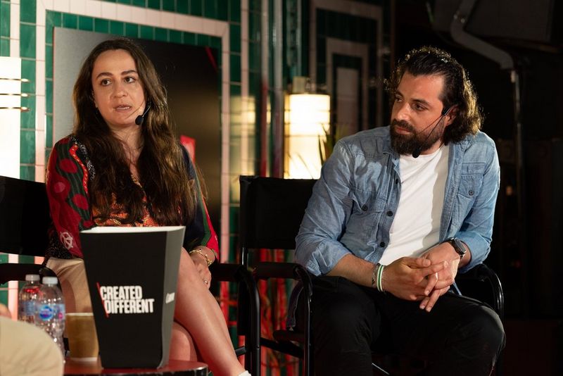 Co-Directors Janay Boulos and Abd Alkader Habak sit on a panel on the Canon stage at the Raindance Film Festival 2026.