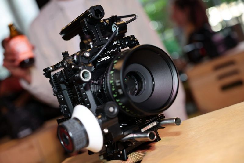 A Canon EOS C400 with a Sumire Prime lens and follow-focus ring sit on a table at the Raindance Film Festival 2026.