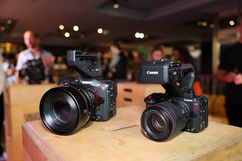 Canon EOS C50 and Canon EOS C70 cinema cameras displayed at the Canon Lounge during Raindance Film Festival 2026