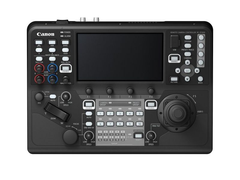 A top-down view of the Canon RC-IP1000 PTZ camera controller.