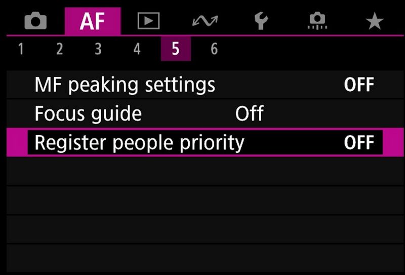 The screen display of an EOS R3 showing the Register People Priority feature.