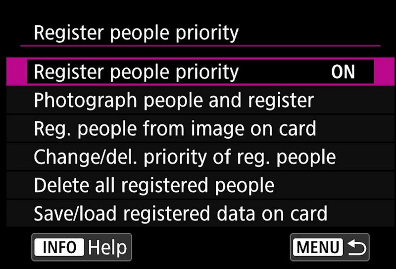 The menu screen of a Canon EOS R3 showing the Register people priority menu options.