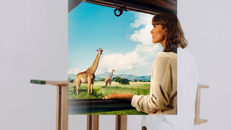 A square photo of a women watching giraffes out of a window is overlaid perfectly onto another picture, which completes the body of the woman. She is carrying a ladder and the background is plain white.
