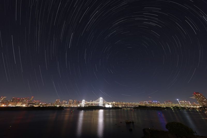 Звездные полосы над ночной городской панорамой, запечатленные с помощью сверхширокоугольного зум-объектива Canon RF 10-20mm F4L IS STM.