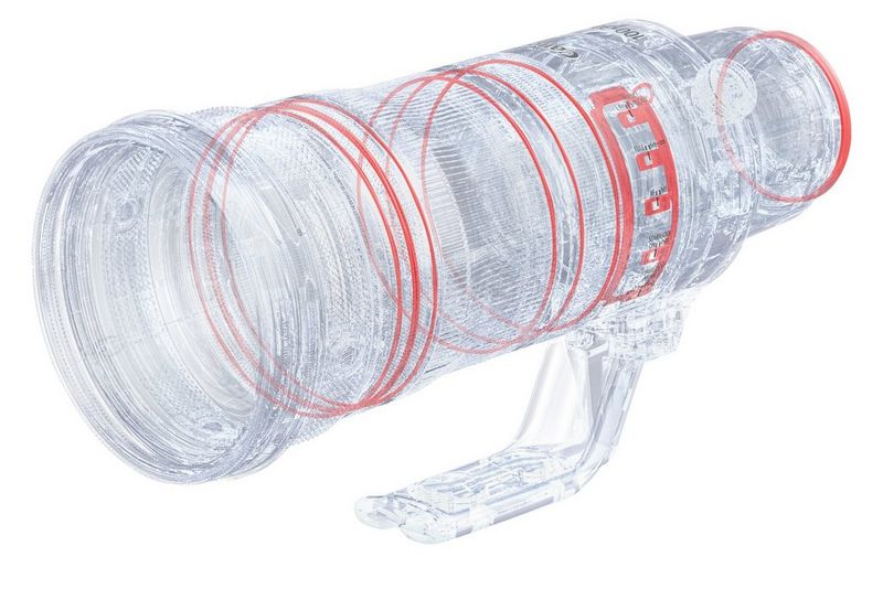 Een uitsnede van het RF 100-300MM F2.8L IS USM-objectief met weerbestendige afdichting