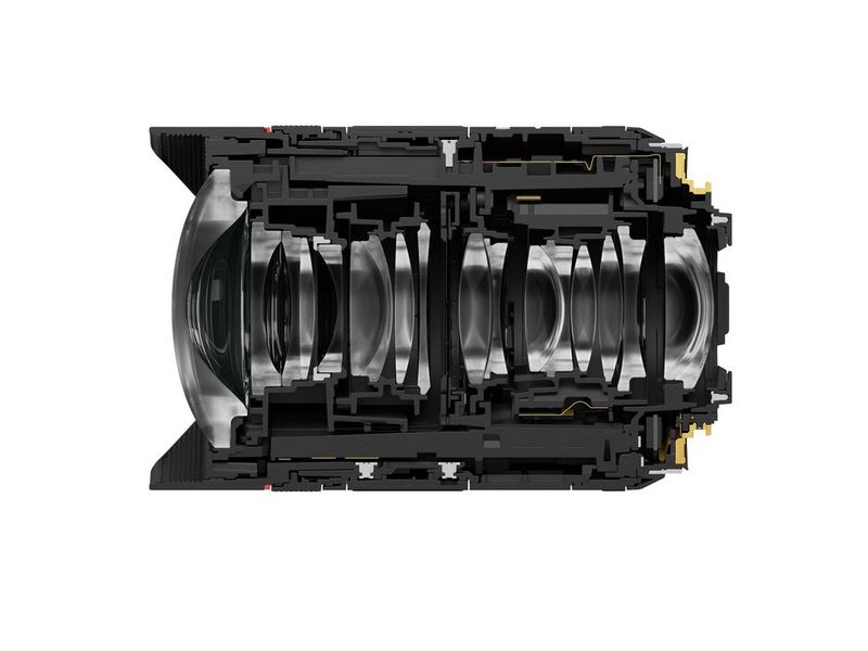 Coupe transversale de l'objectif Canon RF 14mm F1.4L VCM, illustrant la disposition des éléments optiques avancés.