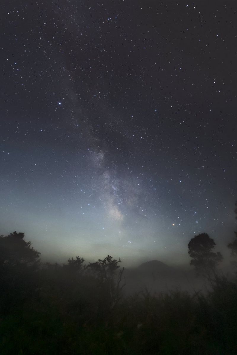 Un paysage étoilé capturé à l'aide de l'objectif Canon RF 14mm F1.4L VCM, illustrant la Voie lactée au-dessus d'un paysage.