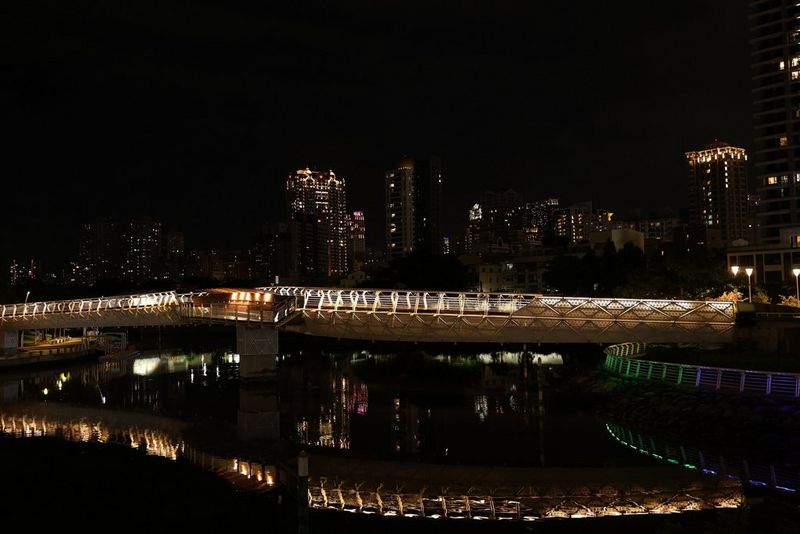 Un paesaggio urbano notturno fotografato con un obiettivo Canon RF 28-70mm F2.8 IS STM, con un ponte pedonale illuminato che si riflette nell'acqua.