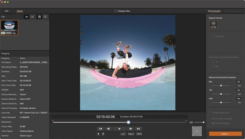 A fisheye skateboarding shot being converted to an immersive 2D 180° VR in Canon’s EOS VR Utility’s interface.