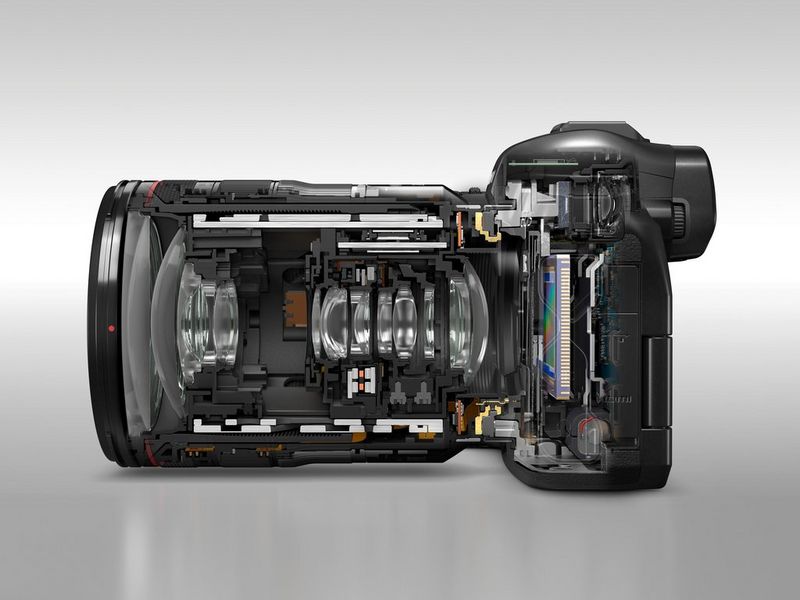 Illustratie: een dwarsdoorsnede van een Canon EOS R System-camera met het RF 24-105mm f-4L IS USM-objectief.