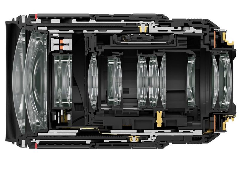 Opengewerkte tekening van een Canon RF 70-200mm F2.8L IS USM-objectief waarop de objectiefelementen zichtbaar zijn.