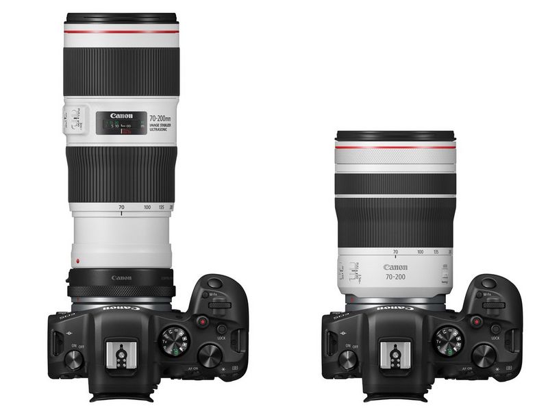Een Canon EOS R6 met Canon EF 70-200mm f/4L IS II USM-zoomobjectief naast dezelfde camera met de Canon RF 70-200mm F4L IS USM.