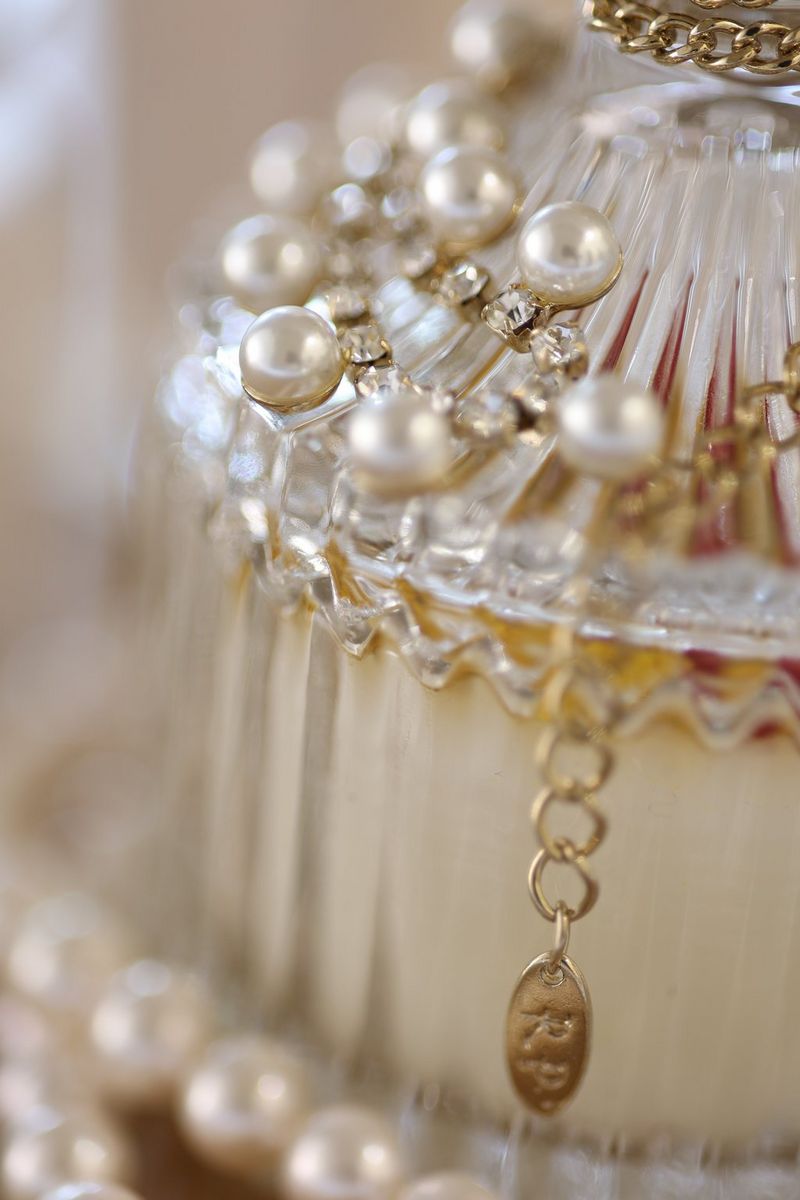 A close-up of pearl and diamanté jewellery.