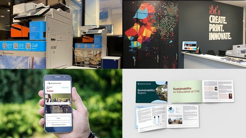 Collage van een printomgeving: linksboven een multifunctionele printer met QR-codes en printmateriaal, rechtsboven een balie met wandtekst “Let’s create, print, innovate” en kleurrijke grafische muur, linksonder een hand met smartphone waarop een printapp zichtbaar is, rechtsonder open liggende rapporten en brochures over duurzaamheid.