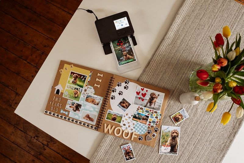 אלבום חיות מחמד פתוח על שולחן, ומציג תמונות של כלב בשם רקס. הדפים מקושטים בצורה יצירתית עם מדבקות, הדפסי כפות רגליים והמילה "WOOF". מדפסת Canon SELPHY CP1500 קרובה מדפיסה תמונה נוספת של הכלב.