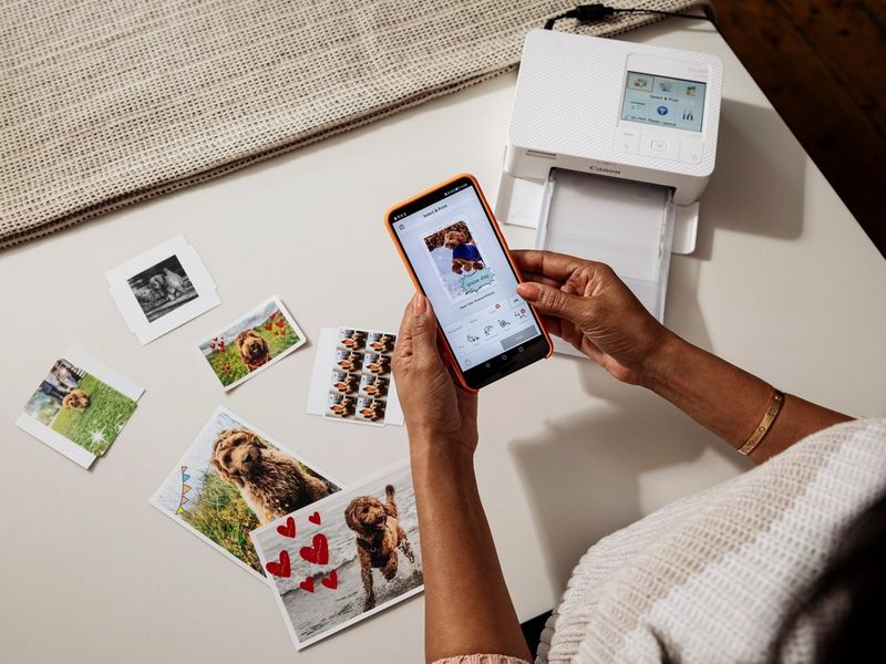 Пользователь держит смартфон с открытым приложением SELPHY Photo Layout над столом, на котором стоит компактный фотопринтер Canon SELPHY и лежат несколько печатных материалов разных размеров.