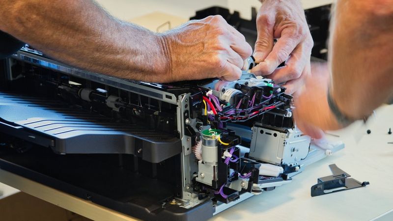 Close-up of a pair of hands repairing internal wiring and mechanical components of a dismantled printer.