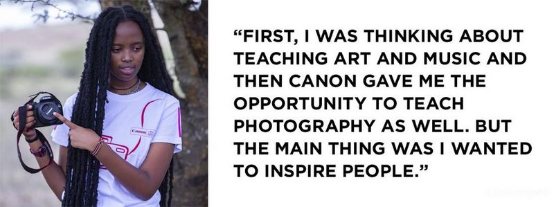 On the left, Wanjiru Ndegwa stands by a tree. She is wearing her long hair braided and centre parted, and a white and red Canon branded t-shirt. In her right hand she holds a Canon camera, and points to it with her left hand, which has colourful bracelets on the wrist. On the right is a quote that read: “First, I was thinking about teaching art and music and then Canon gave me the opportunity to teach photography as well. But the main thing was I wanted to inspire people.”