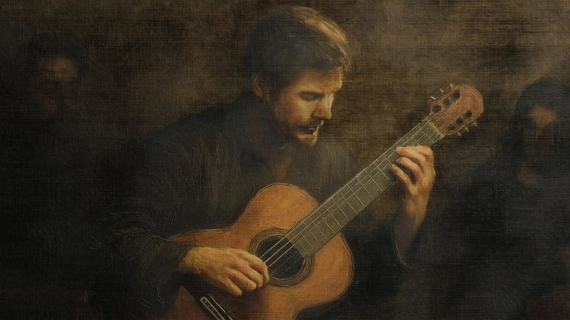 Classical painting of a man playing acoustic guitar in dim lighting.