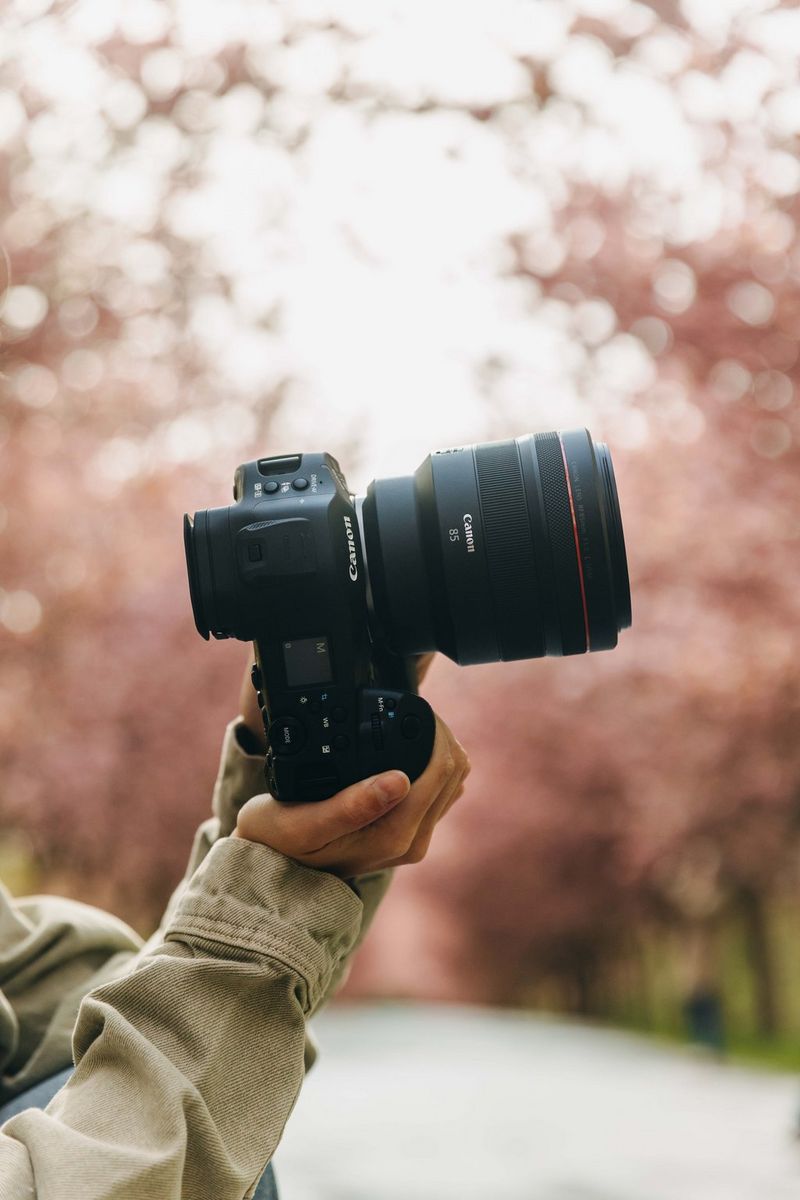 A Canon mirrorless camera fitted with an RF 85mm lens is held at eye level, with a softly blurred outdoor background.