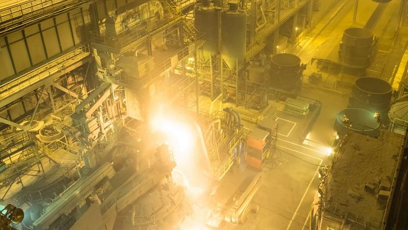 A high-angle view of a steel mill interior showing molten metal being poured in a bright, glowing stream amid complex industrial machinery and equipment.