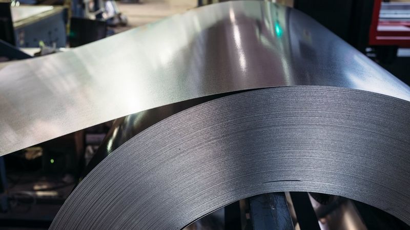 A large roll of steel sheet being uncoiled in an industrial manufacturing facility, showing the smooth, reflective surface of the metal.