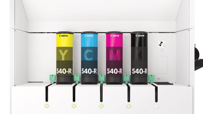 Four Canon 540-R toner bottles (Yellow, Cyan, Magenta and Black) installed in a printer bay.
