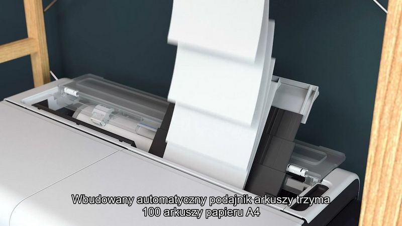 Wbudowanay automatyczny podajnik arkuszy trzyma 100 arkuszy papieru A4 lub 50 arkuszy A3 do druku ciągłego.