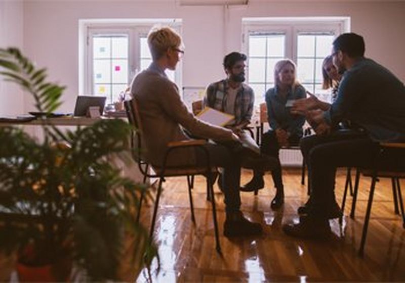 Five people sit on chairs in a circle, talking. Behind them are two windows with the light shining through and there is a green leafy plant in the left foreground.
