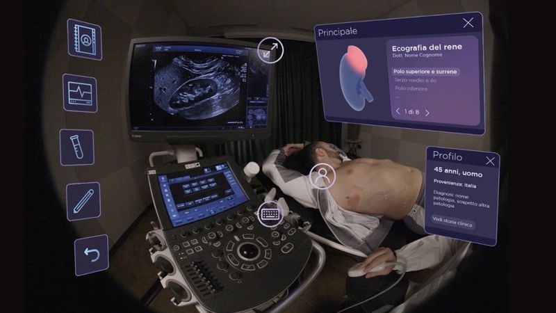 A virtual reality interface displays a medical ultrasound session. A man lies on an examination table with his abdomen exposed while a clinician performs an ultrasound using a Canon Medical imaging device. A screen shows a cross-sectional ultrasound image of a kidney. 