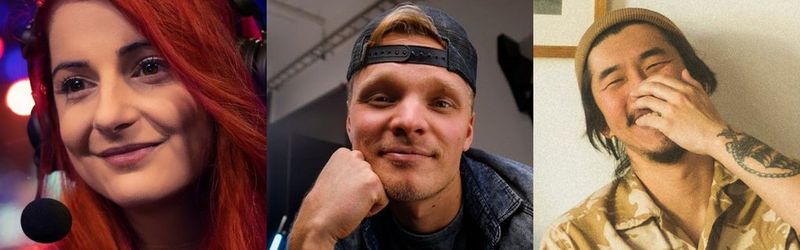 The headshots of three people. On the left, a woman with red hair, wearing a gamers headset. In the centre, a man with his chin resting on his fist. You can see the collar of his denim shirt and he wears a black baseball cap back to front. On the right is a laughing man with his hand lightly covering a part of his nose, mouth and chin. He is wearing a light brown camo shirt and light brown beanie hat. He has a short beard, and his arm bears a tattoo.