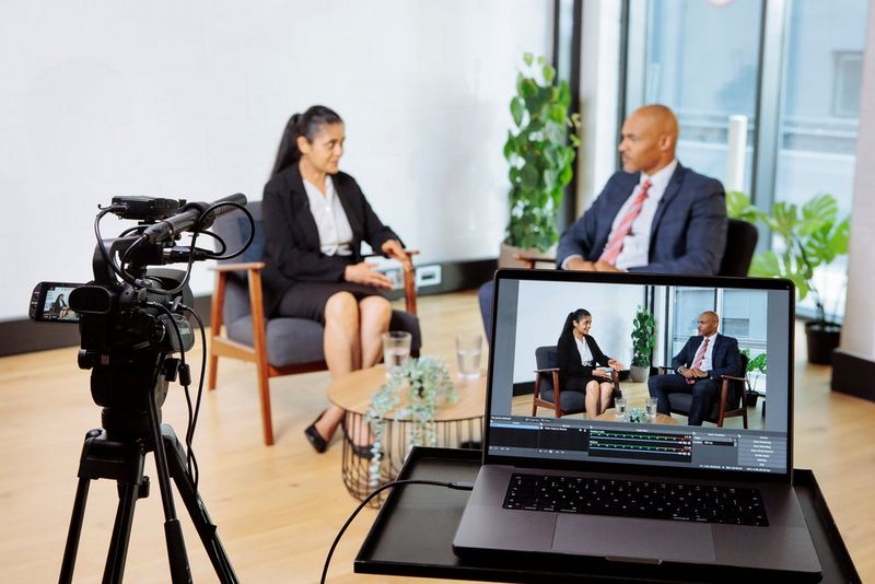 A Canon camcorder records two smartly dressed people having a conversation in an office, while a laptop livestreams the footage.