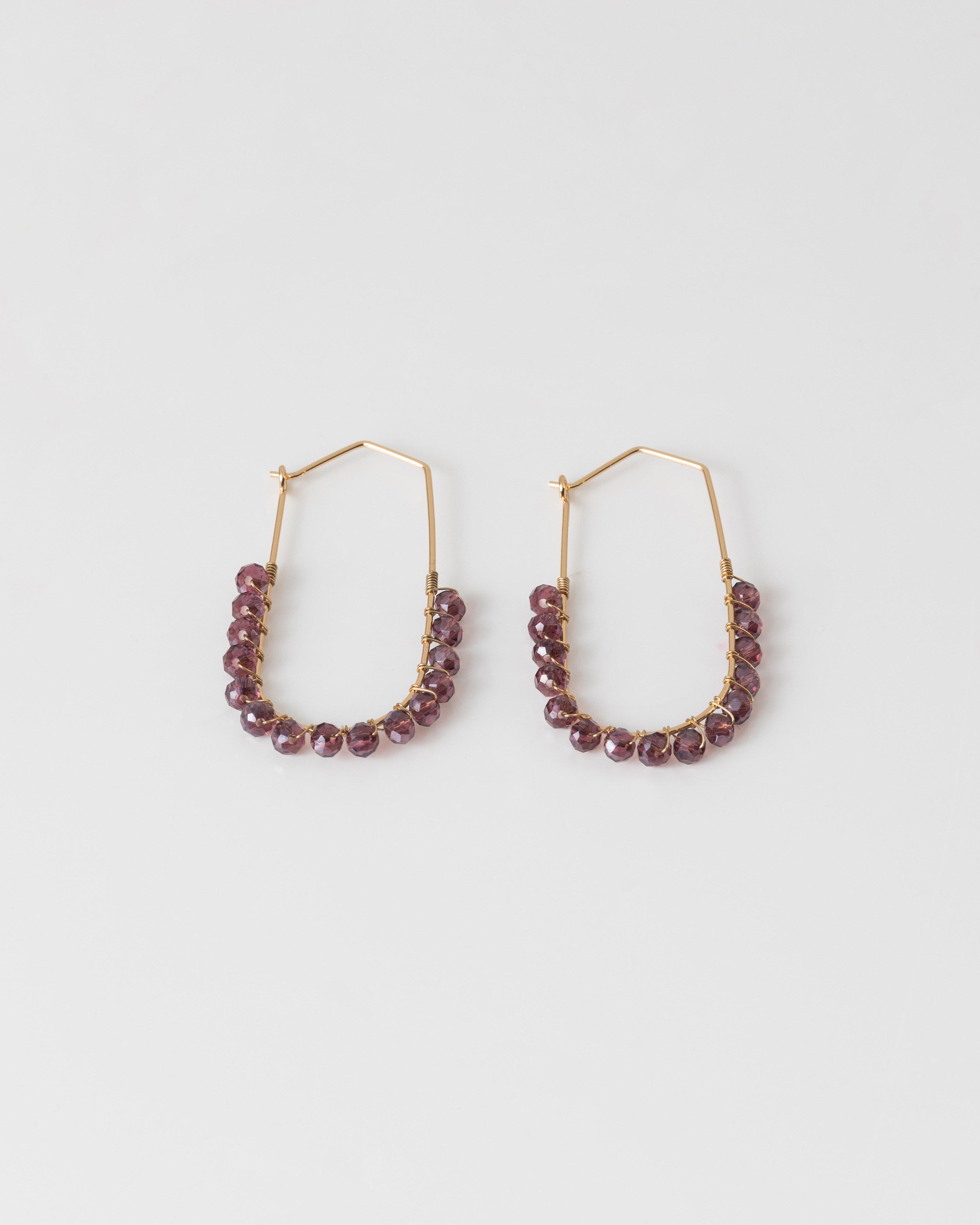 Oval Beaded Hoop Earrings -  burgundy