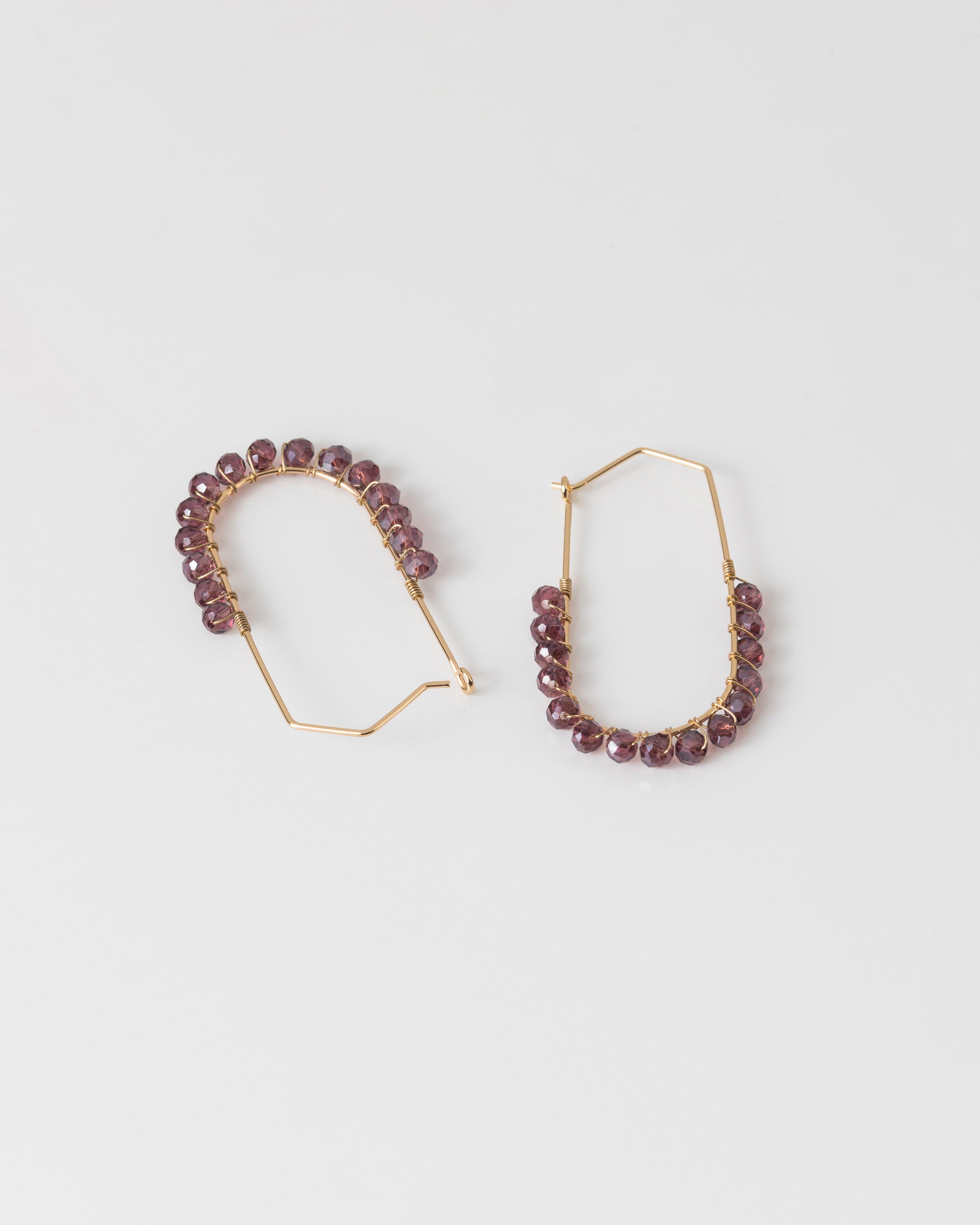 Oval Beaded Hoop Earrings -  burgundy