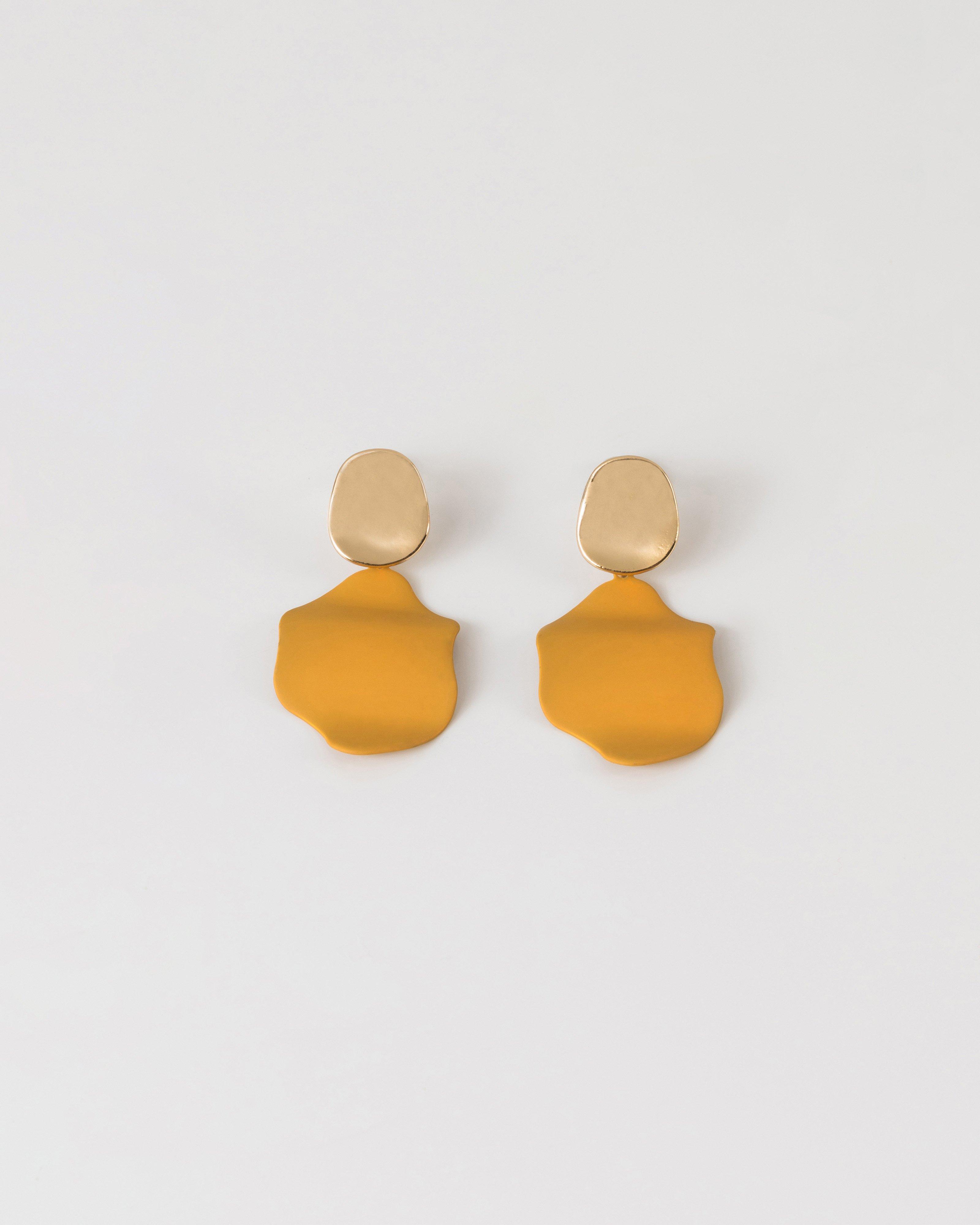 Folded Epoxy Double Disk Drop Earrings -  mustard