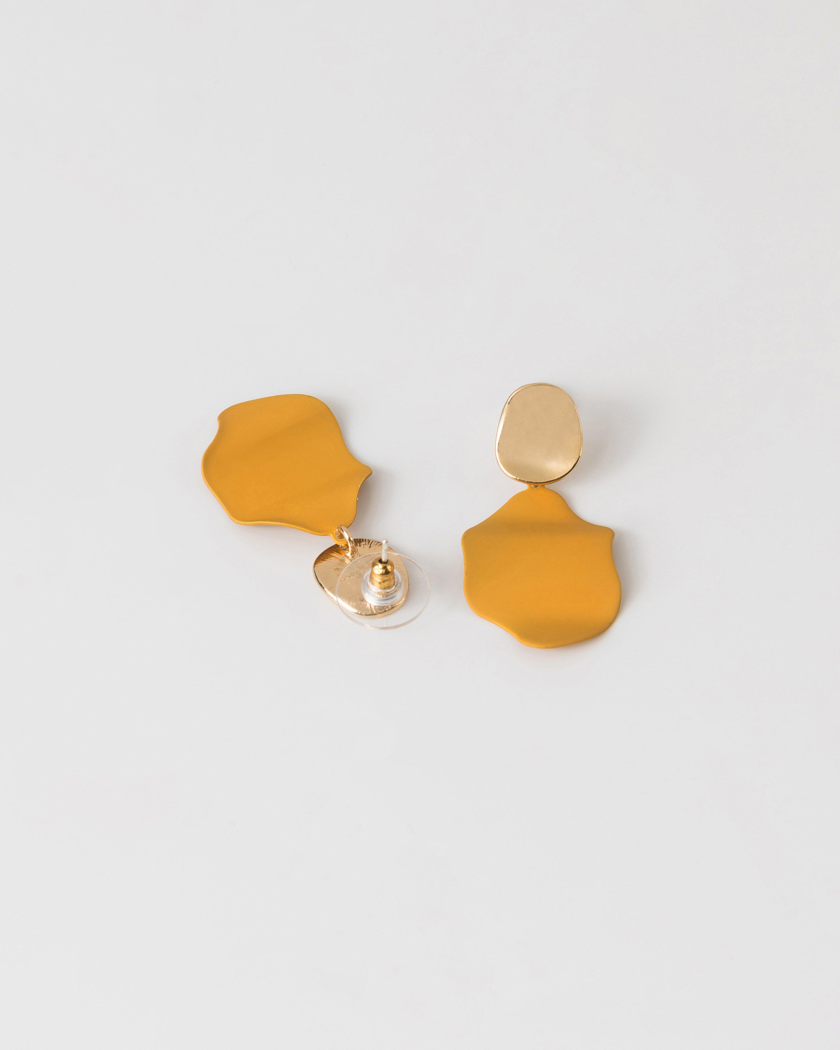 Folded Epoxy Double Disk Drop Earrings -  mustard