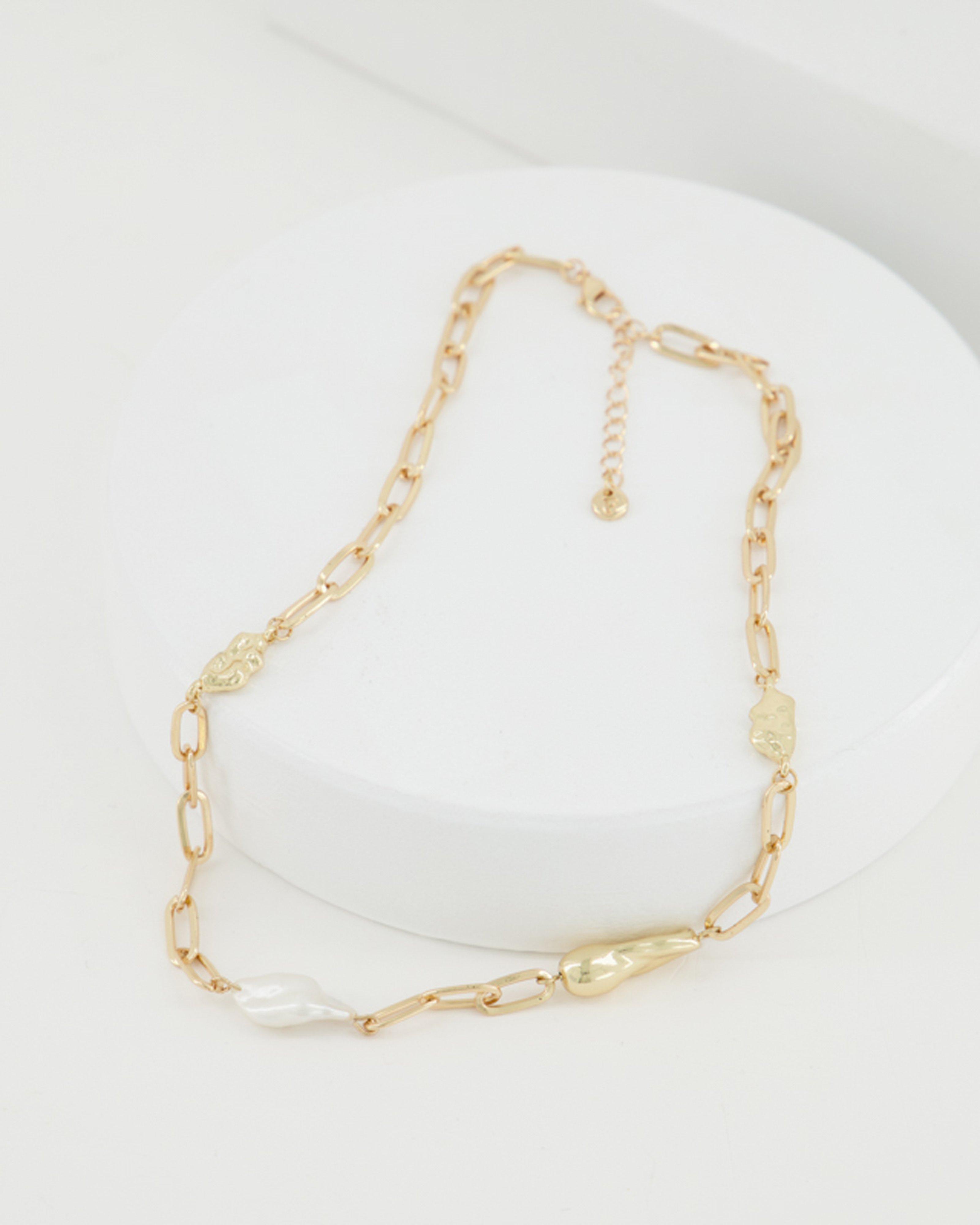 Chain Link & Pearl Satellite Necklace -  milk