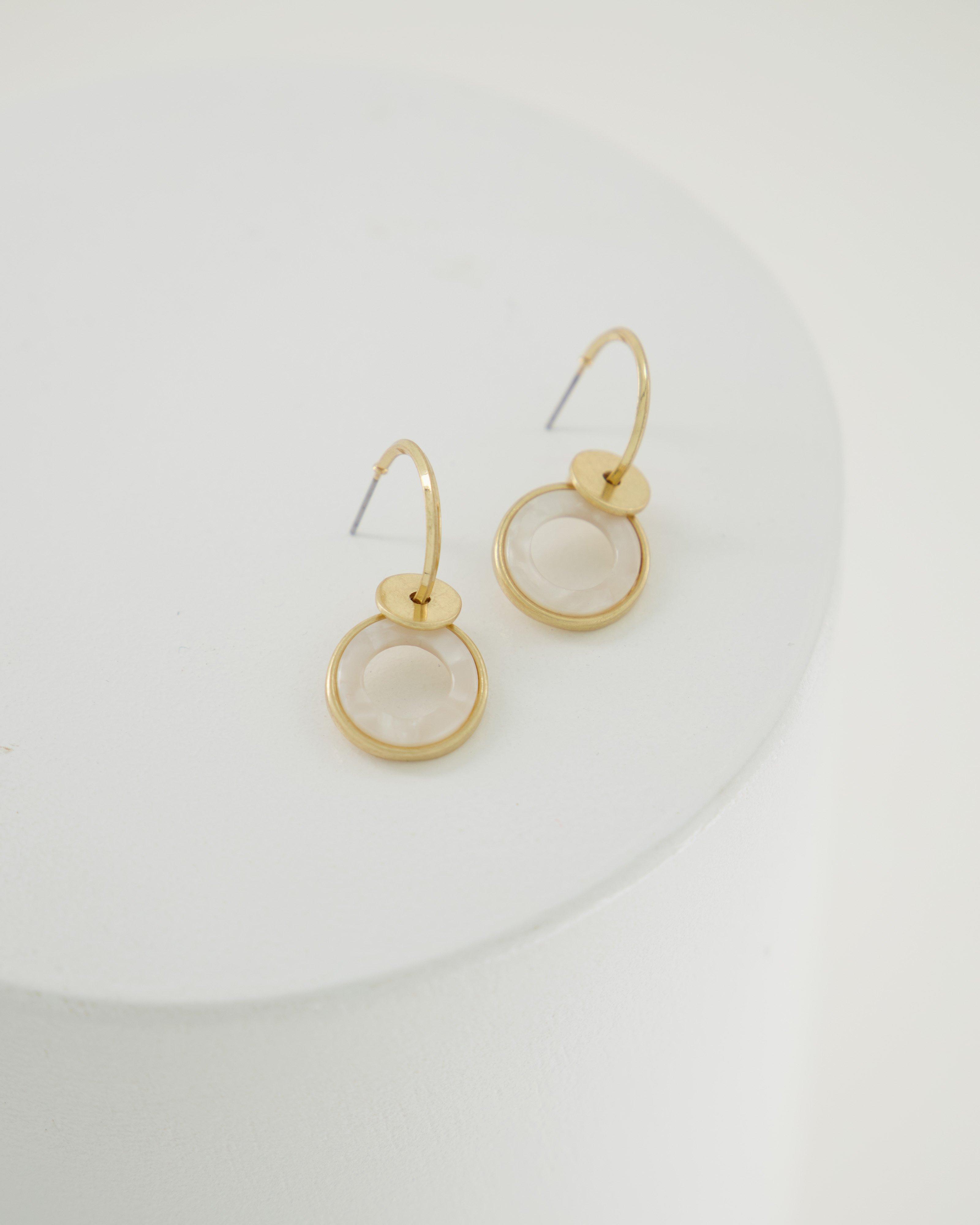 Resin Circle Inset Drop Earrings -  milk