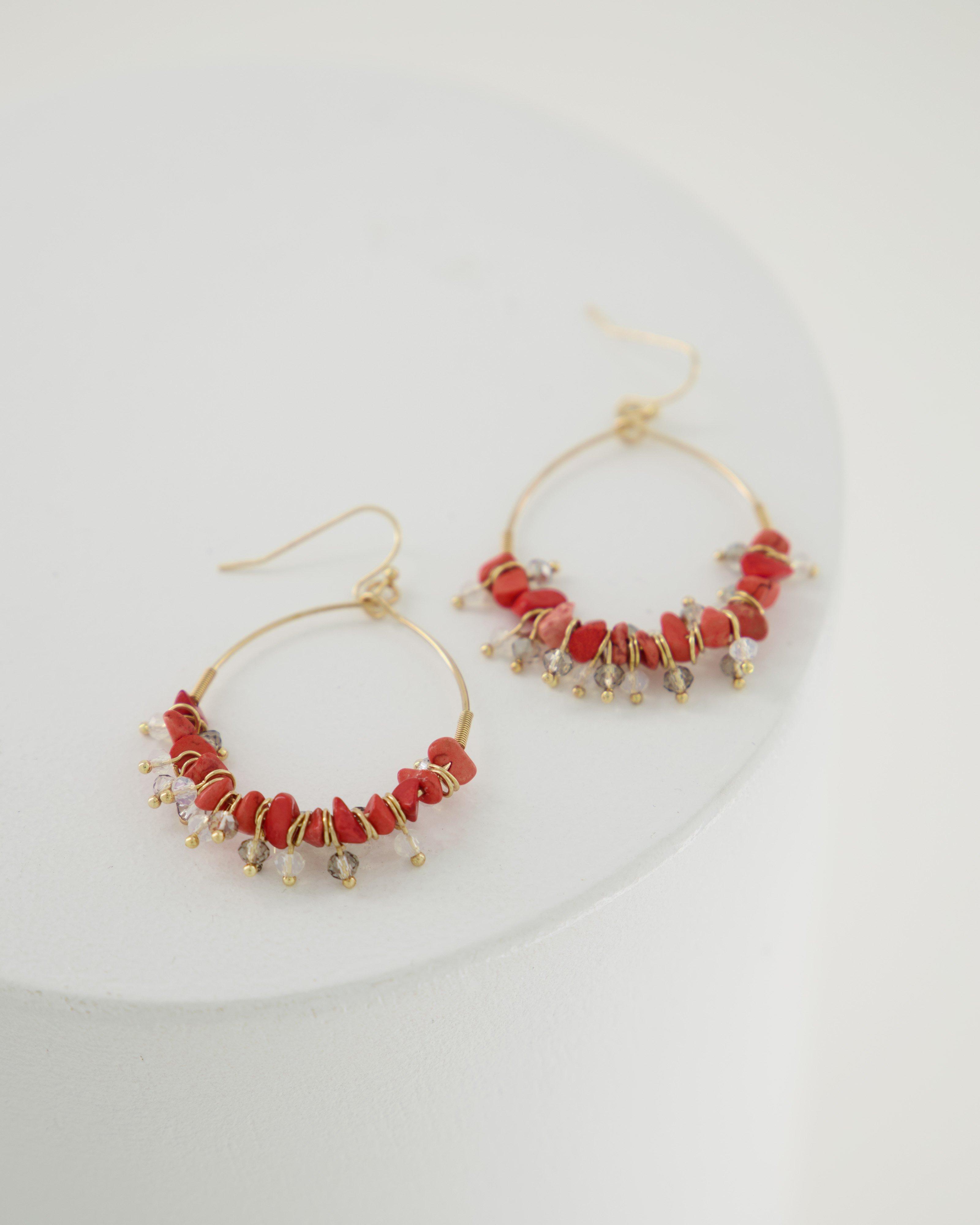 Teardrop Beaded Hoop Earrings -  coral