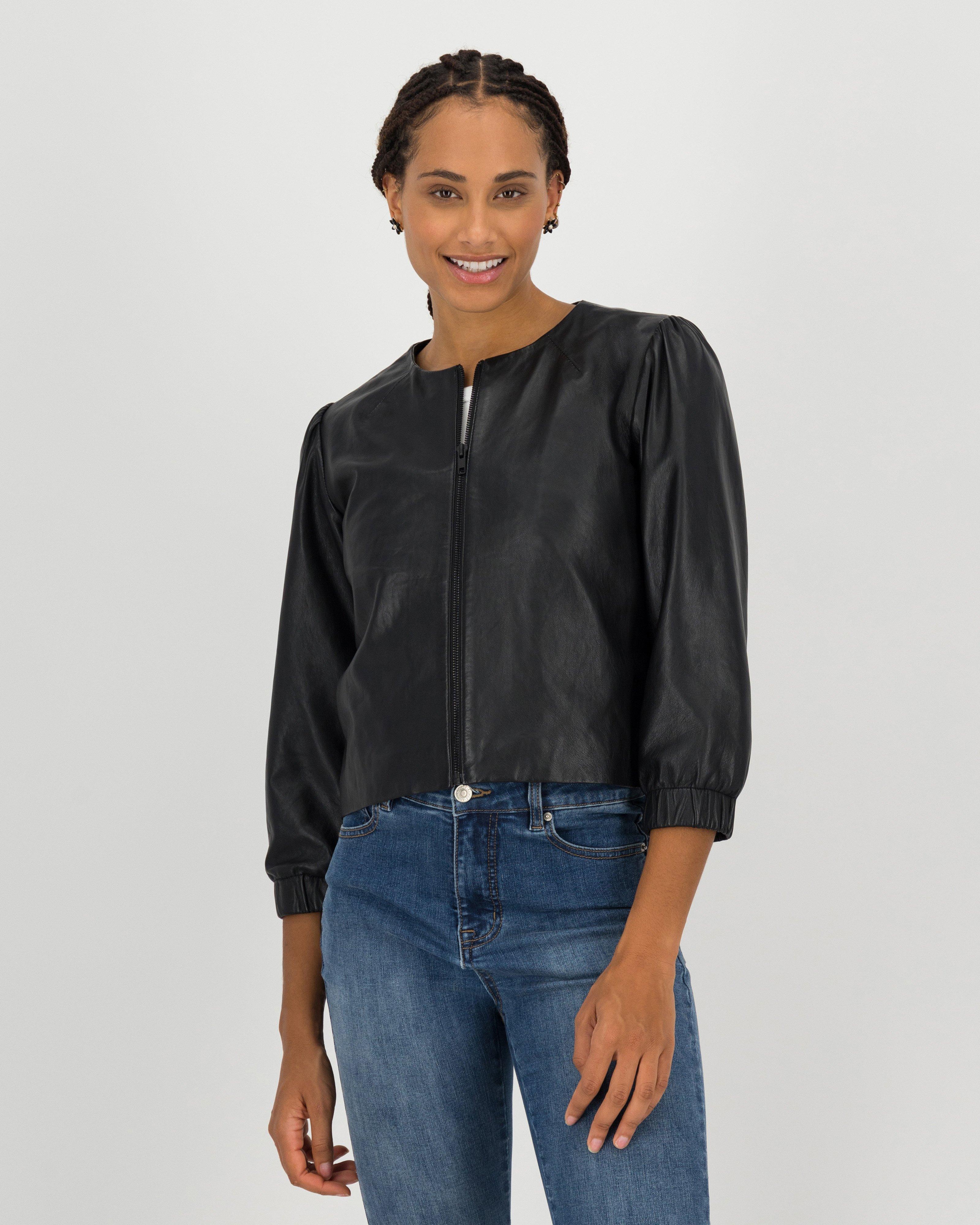 Zina Crop Leather Jacket -  black