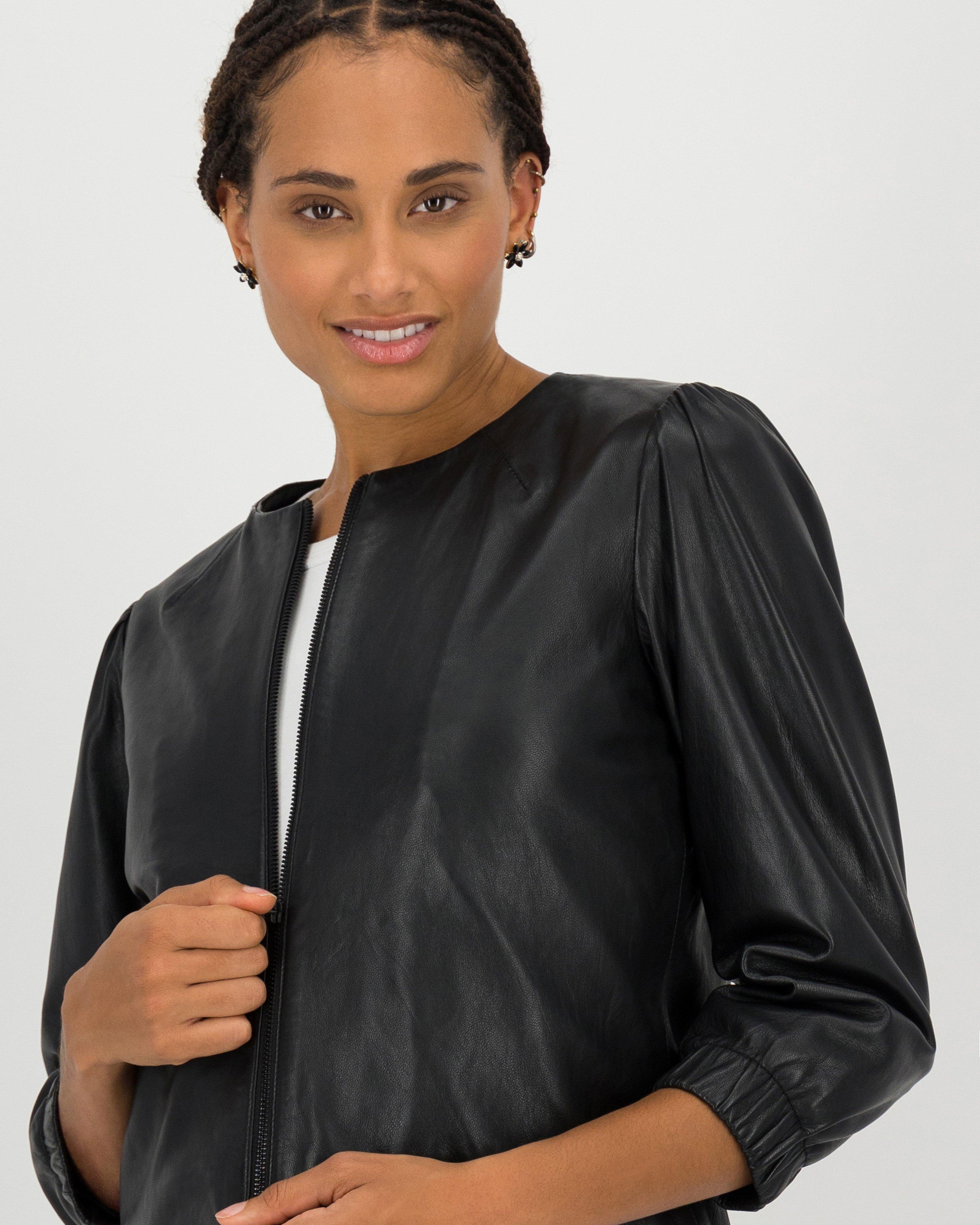 Zina Crop Leather Jacket -  black