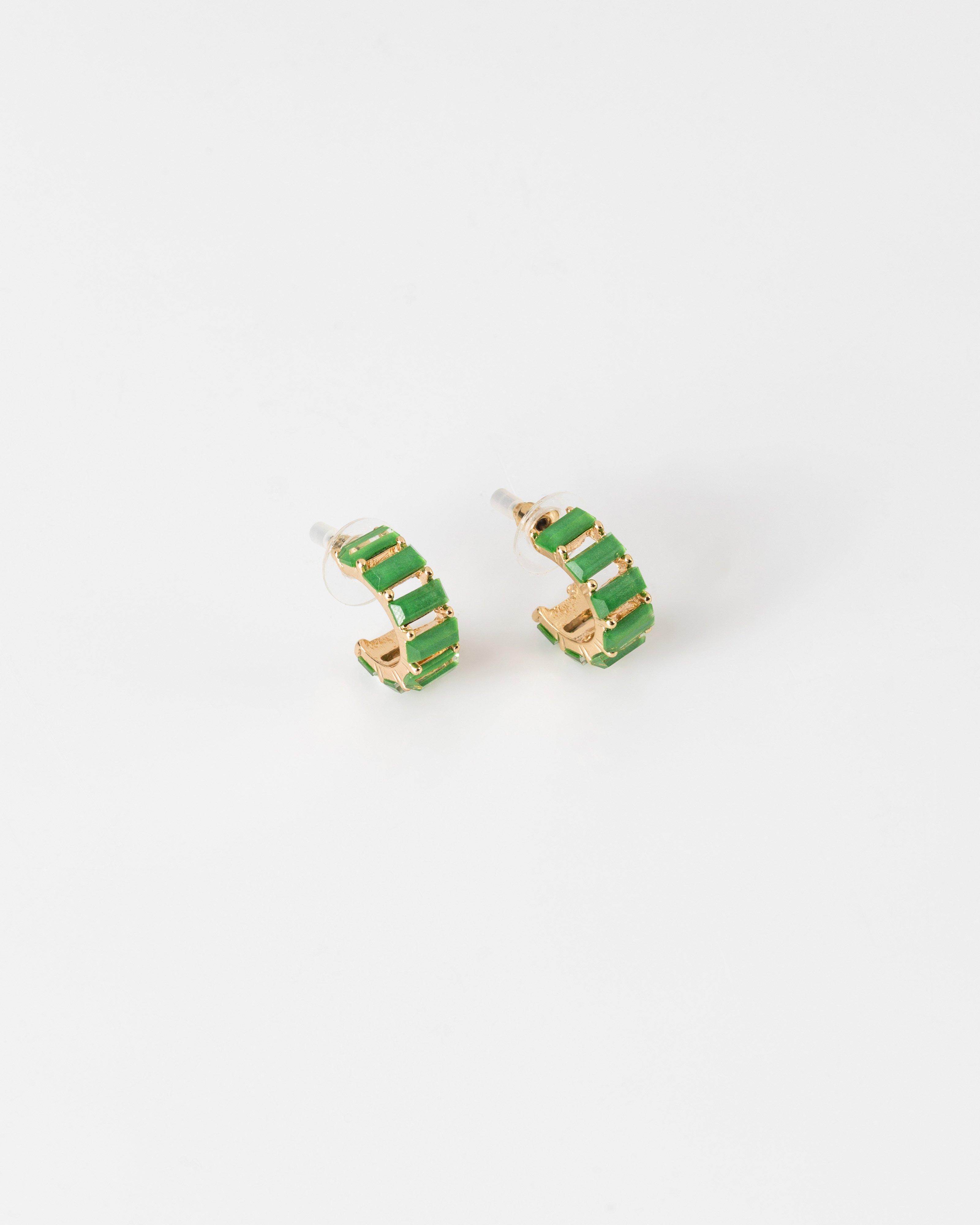 Rectangular Stone Huggie Hoop Earrings -  green