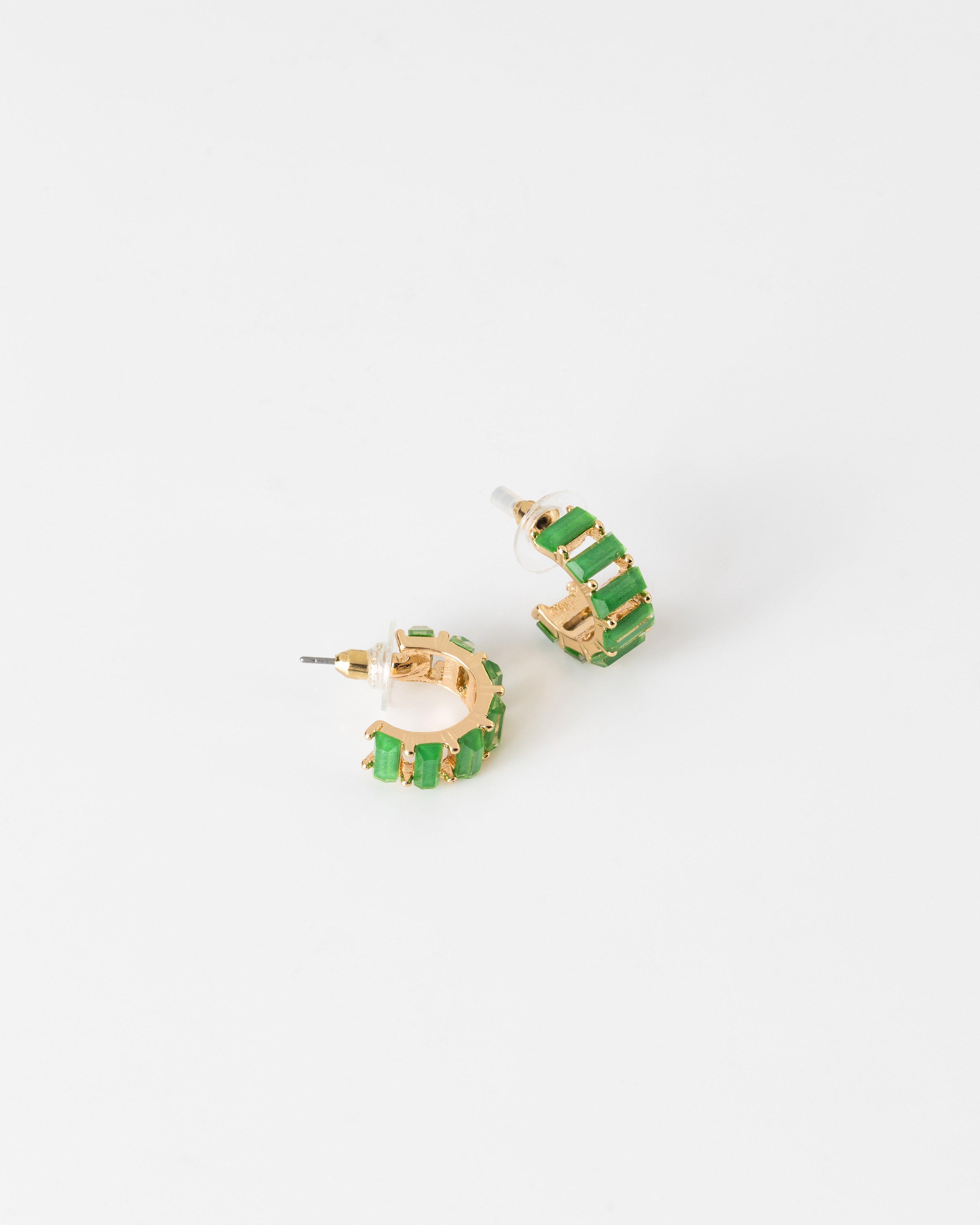 Rectangular Stone Huggie Hoop Earrings -  green