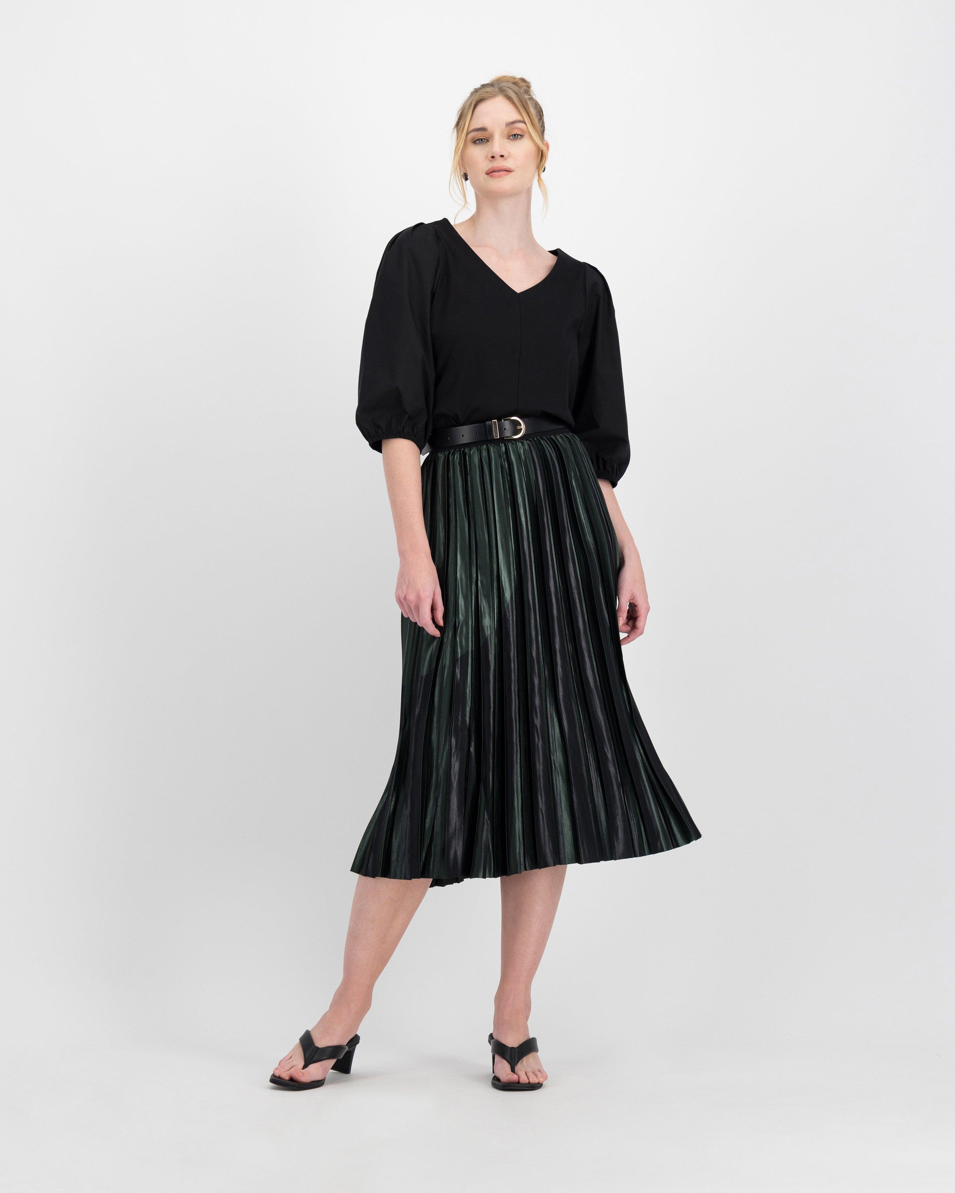 Poetry Helena Satin Pleated Skirt -  darkgreen-darkolive