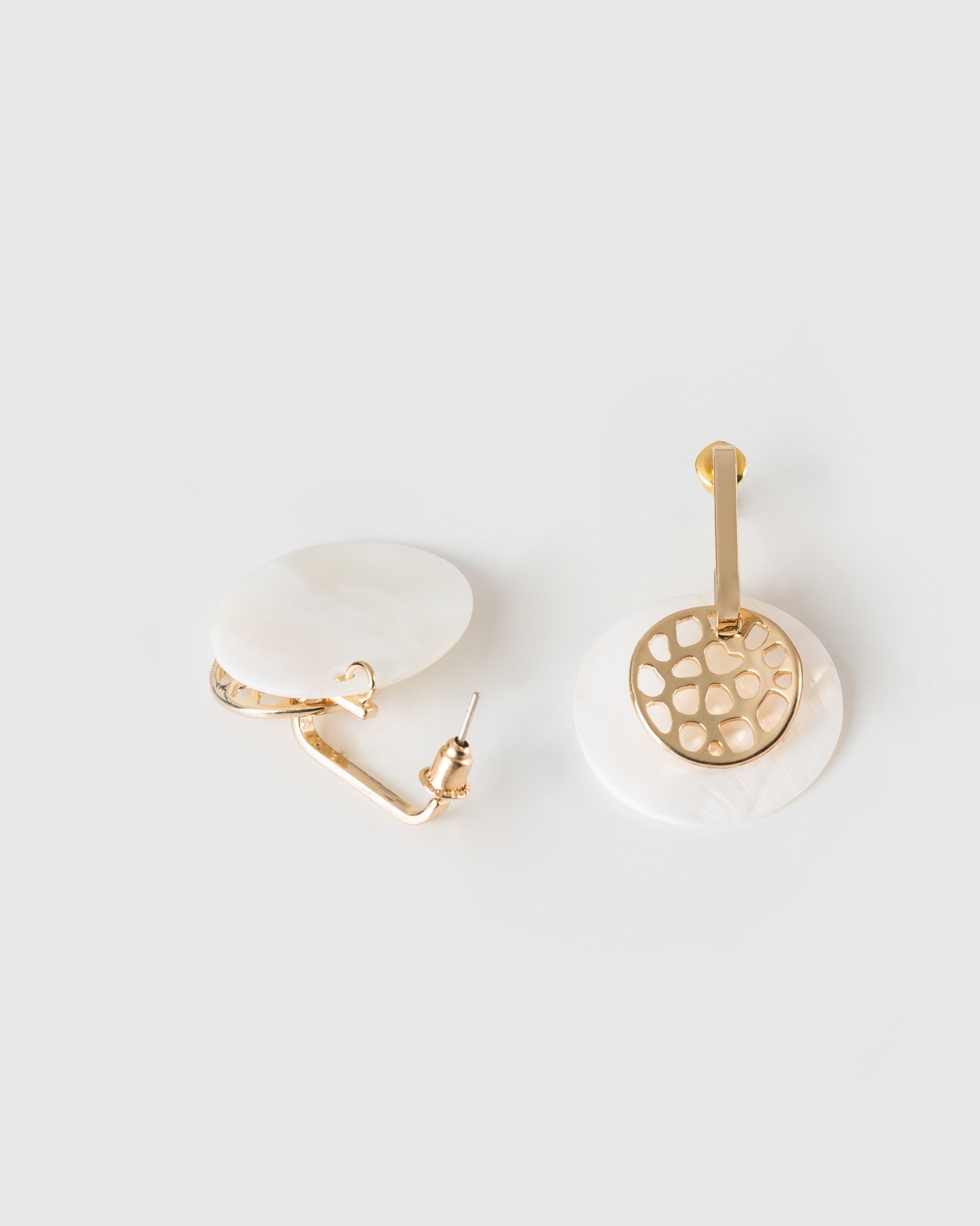 Shell & Cut-Out Disk Drop Earrings -  milk