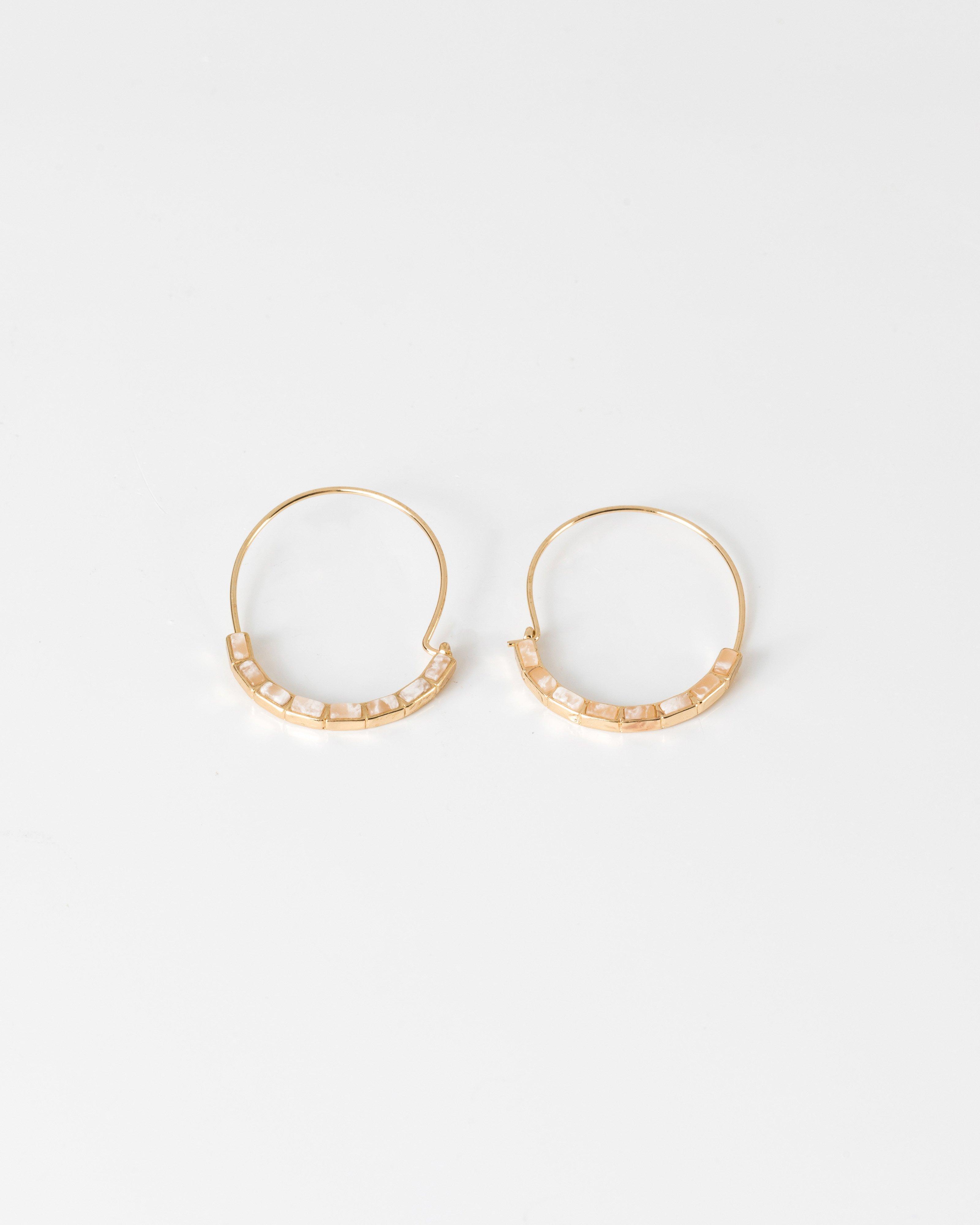 Oval Natural Stone Inset Hoop Earrings -  stone